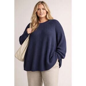 Jenni Kayne SZ 3X Oversized Cotton Fisherman Sweater In Navy  874-7457-C24